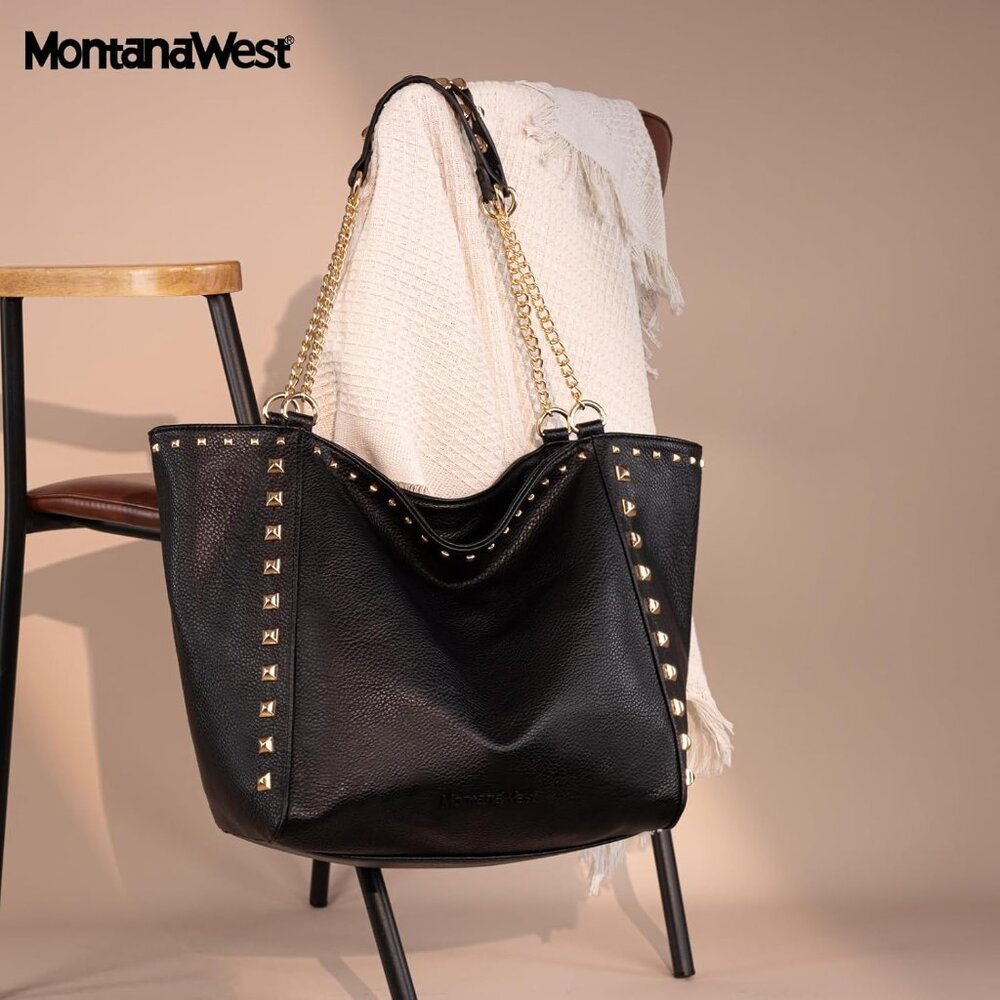 Montana West Women's  Xl-black Vegan Leather Large  Oversized Chain Tote Bag - Picture 3 of 6